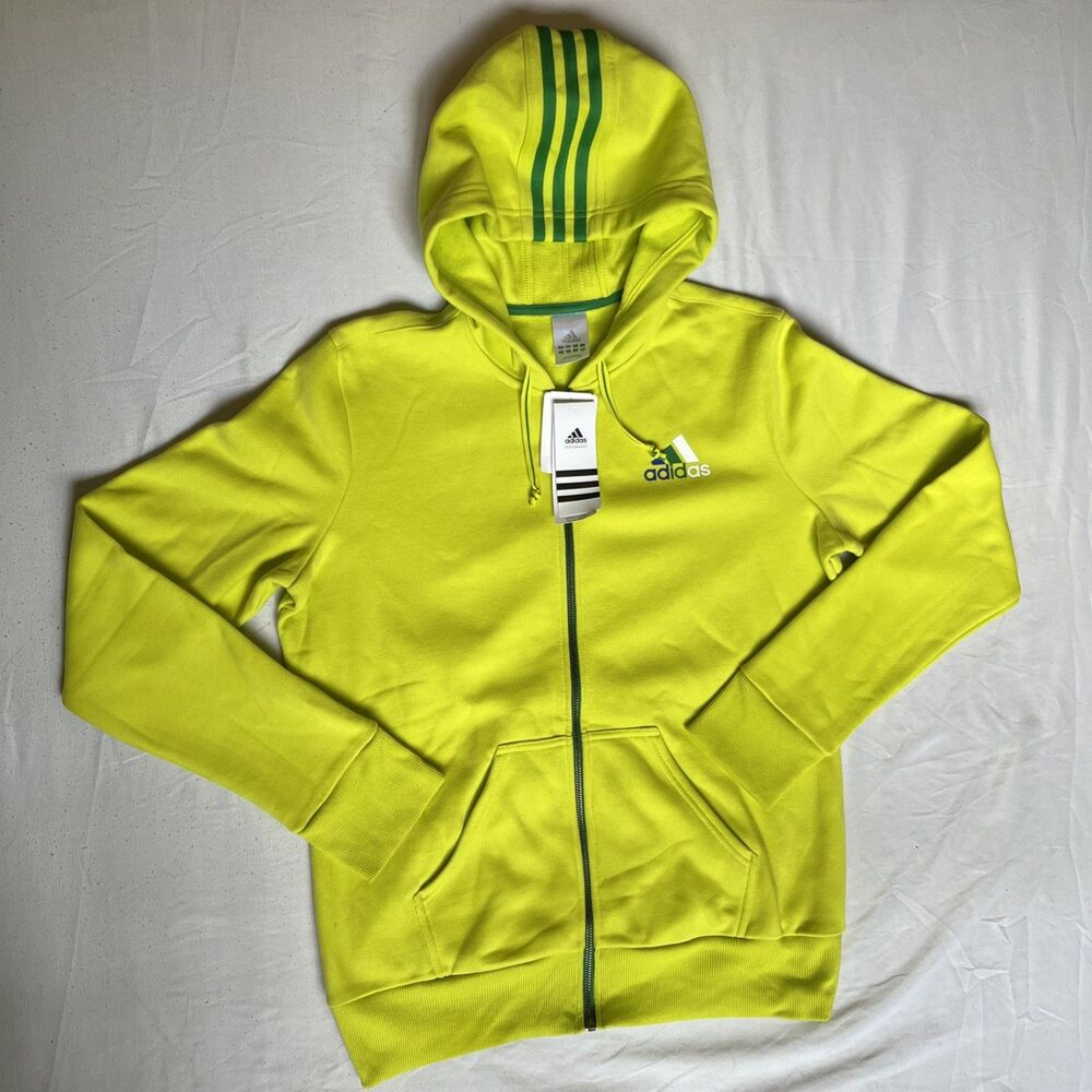 Adidas Hoodie Womens L Yellow Full Zip Fleece Thumbholes Athletic Logo 3 Stripe